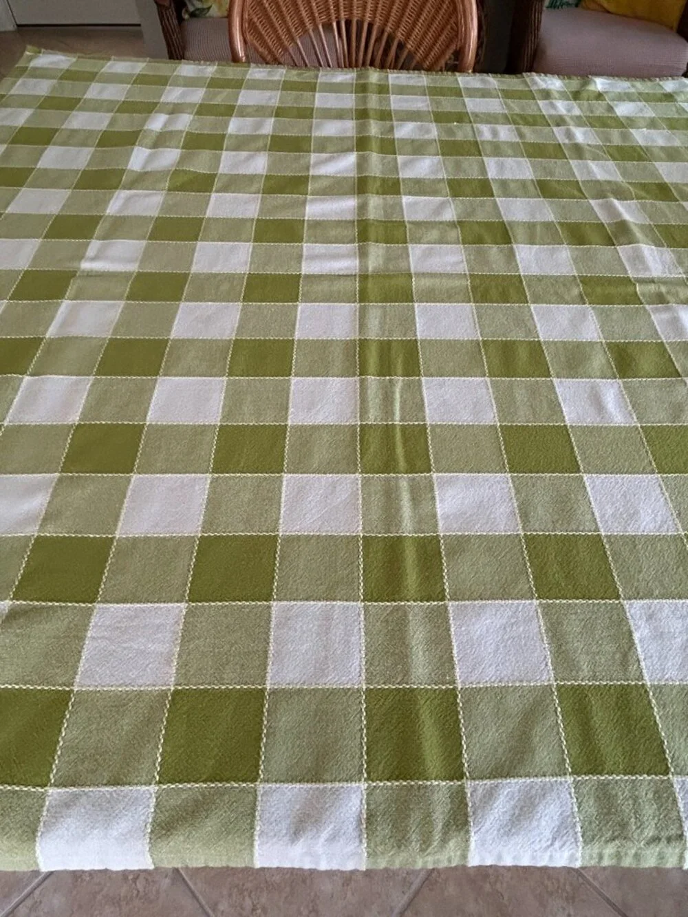 Bright Olive Green and White Checked Cotton Tablecloth 48